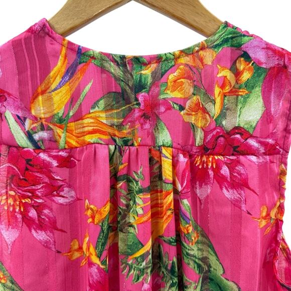 Cupcakes and Cashmere Hot Pink Metallic Detail Tropical Floral Faux Wrap Top S - Picture 5 of 9